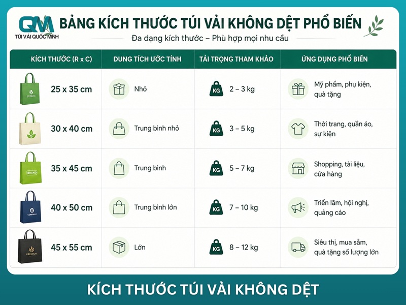 bảng kích thước túi vải không dệt phổ biến theo từng loại