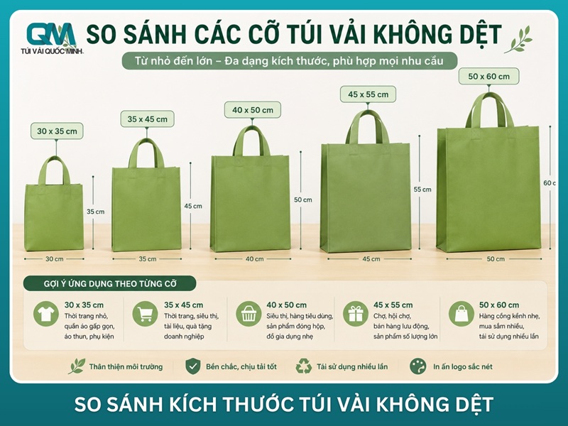so sánh các cỡ túi vải không dệt từ nhỏ đến lớn đặt cạnh nhau