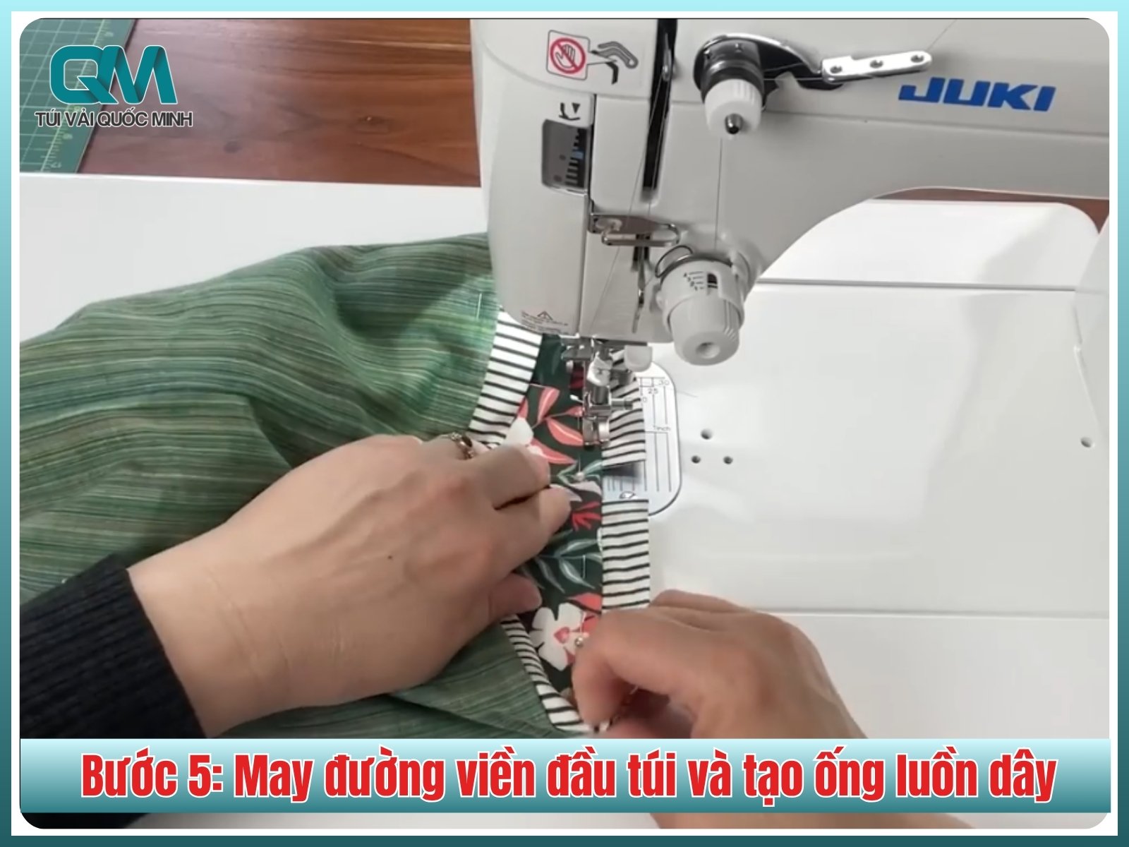 Bước 5: May đường viền đầu túi và tạo ống luồn dây