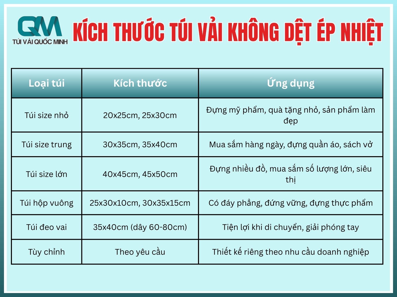 Kích thước túi vải không dệt ép nhiệt