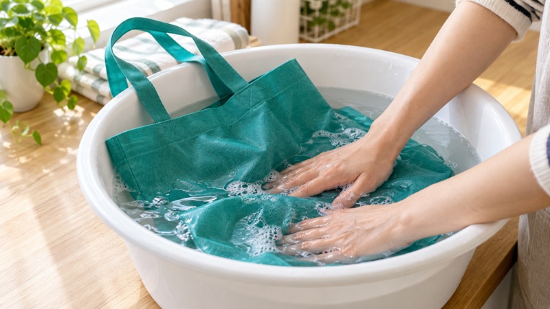 túi vải không dệt đang được ngâm giặt tay trong chậu nước