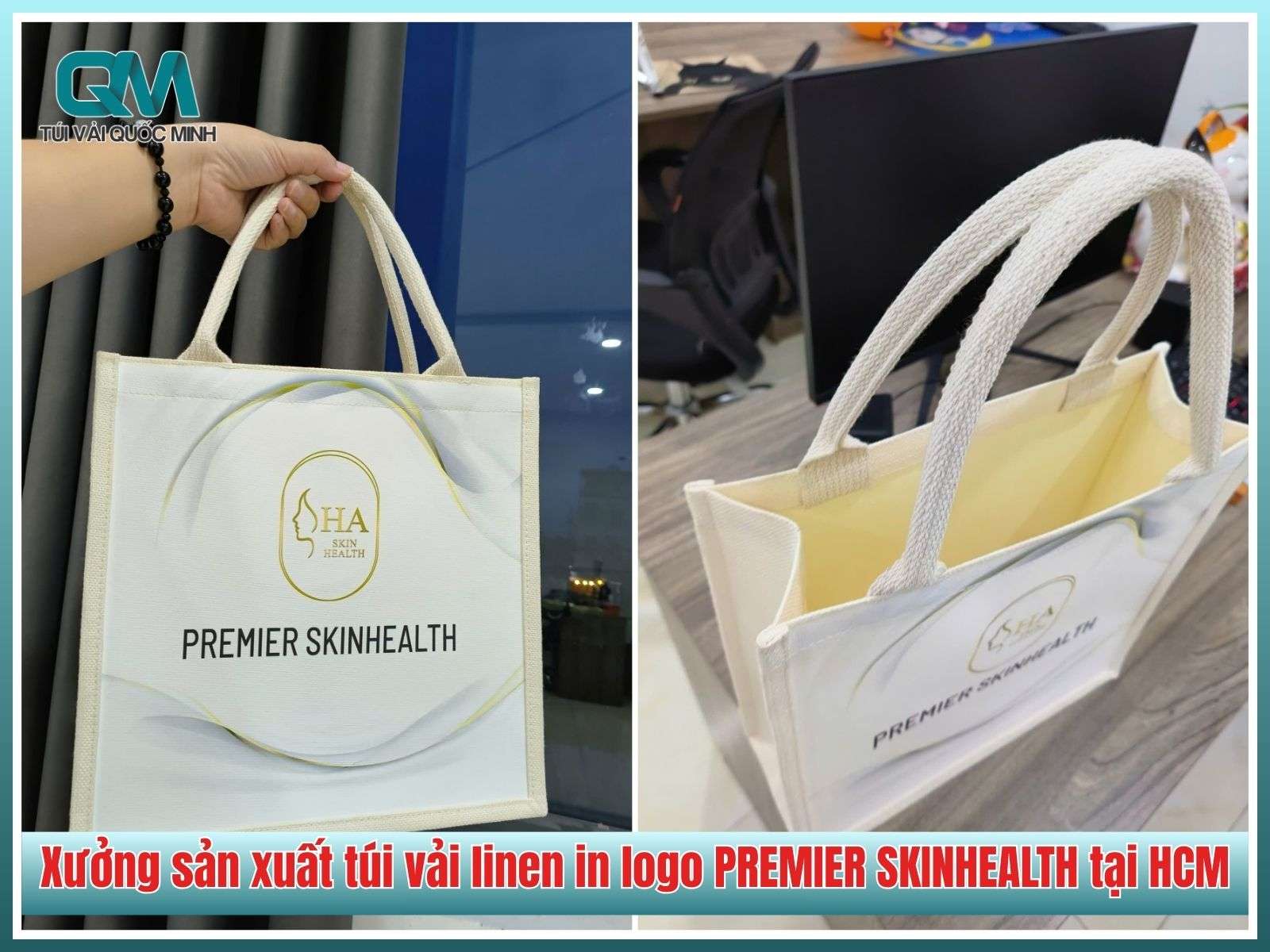 Xưởng sản xuất túi vải linen in logo PREMIER SKINHEALTH uy tín tại HCM
