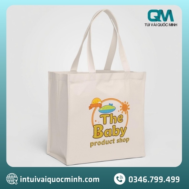 Xưởng may túi vải canvas dạng hộp in logo shop bỉm sữa theo yêu cầu tại TPHCM