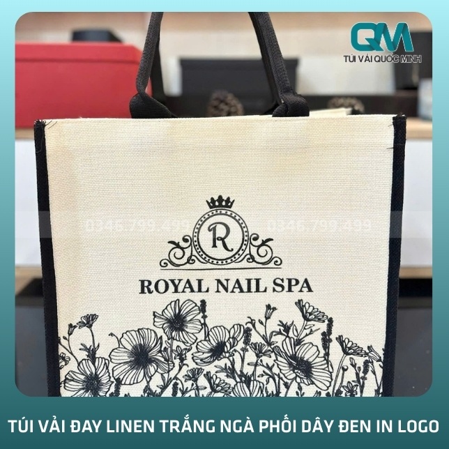 Thông tin về túi vải đay Linen trắng ngà in logo phối dây đen