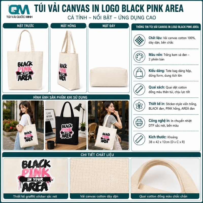 Giới thiệu mẫu túi vải canvas in logo BLACK PINK AREA