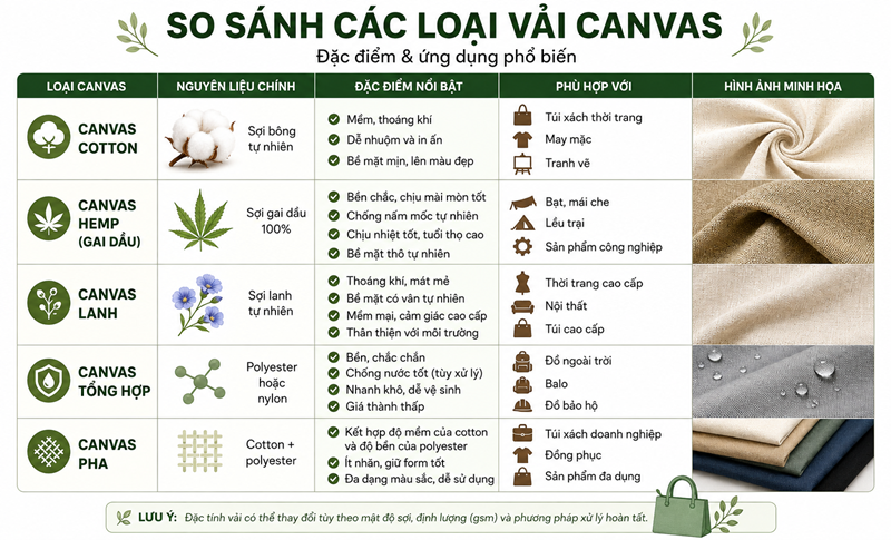 bảng so sánh các loại vải canvas cotton hemp lanh và tổng hợp