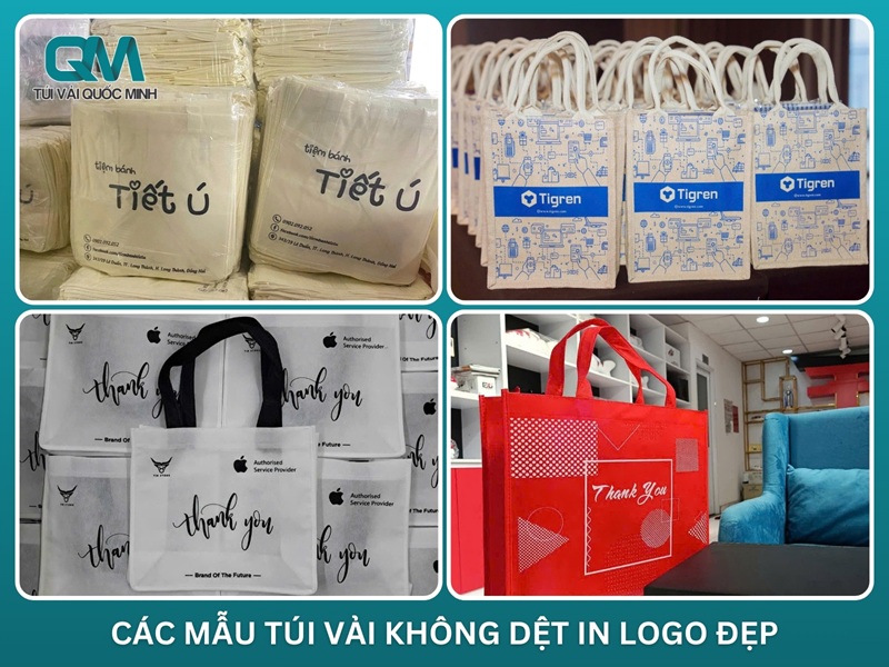 các mẫu túi vải không dệt in logo nhiều màu sắc xếp trên bàn tại xưởng