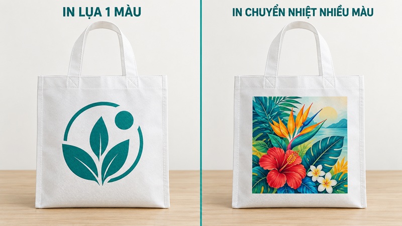 mẫu túi vải không dệt in lụa một màu và in chuyển nhiệt nhiều màu để so sánh