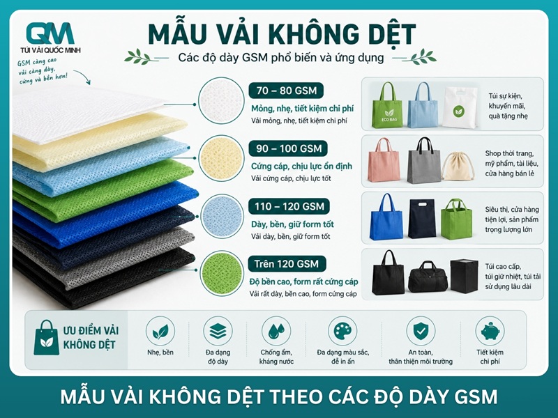 mẫu vải không dệt các độ dày GSM khác nhau xếp chồng để so sánh