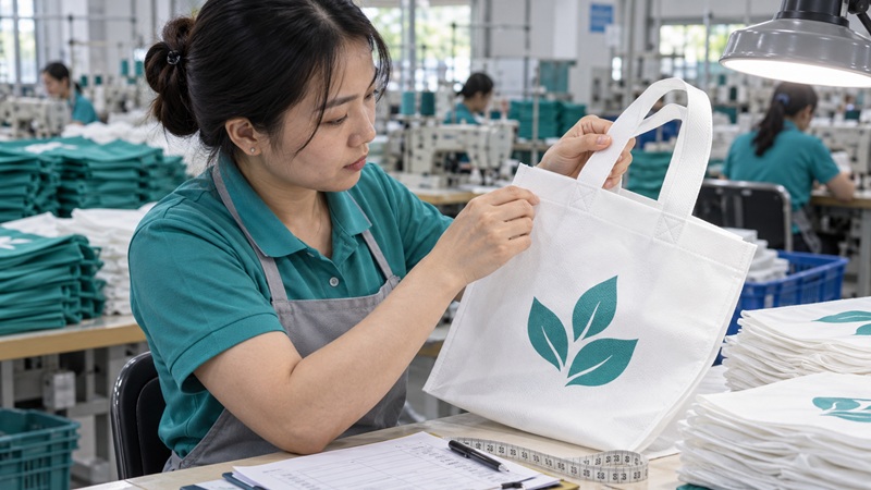 nhân viên kiểm tra chất lượng đường may và hình in trên túi vải không dệt tại xưởng