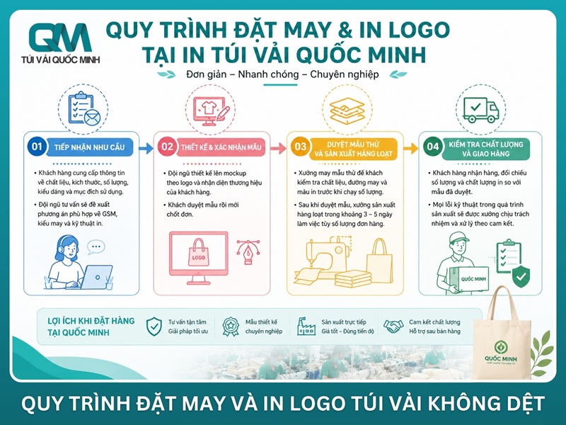 quy trình đặt may và in logo túi vải không dệt tại xưởng In Túi Vải Quốc Minh
