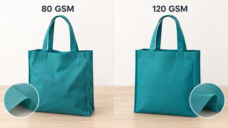so sánh hai chiếc túi vải không dệt có định lượng GSM khác nhau đặt cạnh nhau