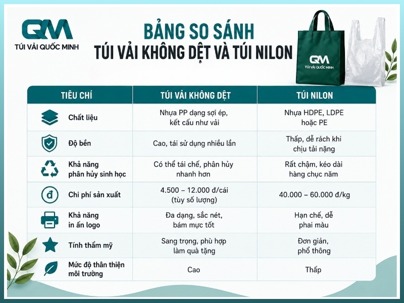 Bảng so sánh túi vải không dệt và túi nilon chi tiết