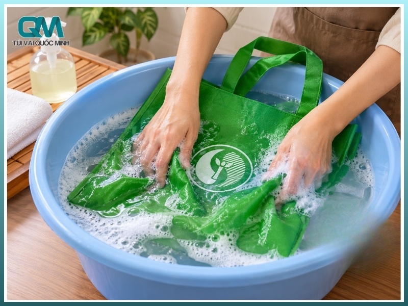 giặt tay túi vải không dệt bằng nước ấm và xà phòng nhẹ"