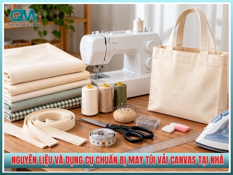nguyên liệu và dụng cụ chuẩn bị may túi vải canvas tại nhà
