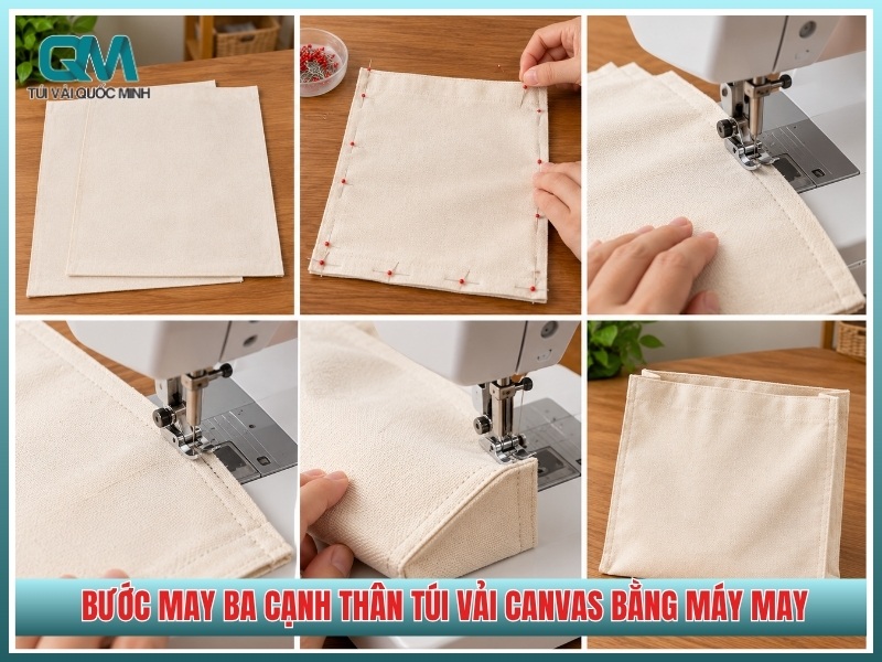 bước may ba cạnh thân túi vải canvas bằng máy may"