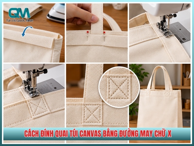 cách đính quai túi canvas bằng đường may chữ X