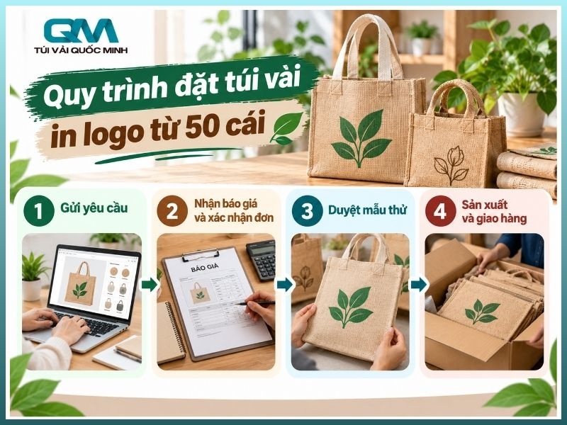 quy trình các bước đặt may và in logo lên túi vải tại xưởng sản xuất