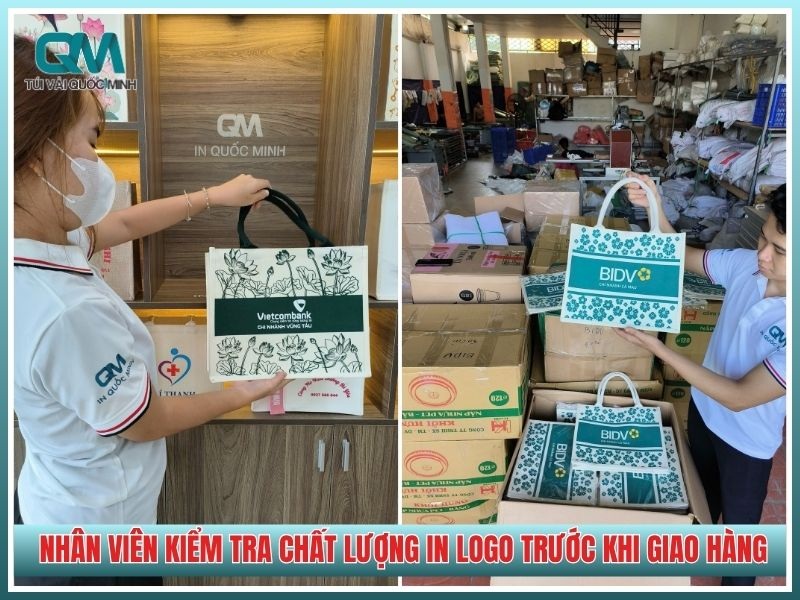 nhân viên kiểm tra chất lượng in logo trên túi vải trước khi giao hàng