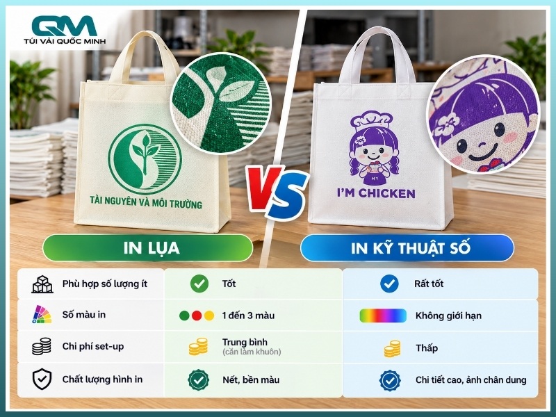 so sánh kỹ thuật in lụa và in kỹ thuật số trên túi vải không dệt