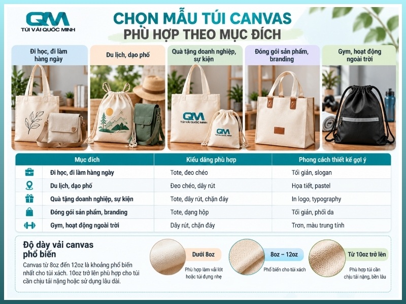 bảng so sánh các kiểu dáng túi canvas theo mục đích sử dụng