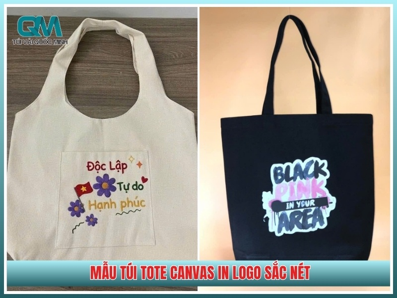 mẫu túi tote canvas in logo thương hiệu sắc nét trên nền vải bố