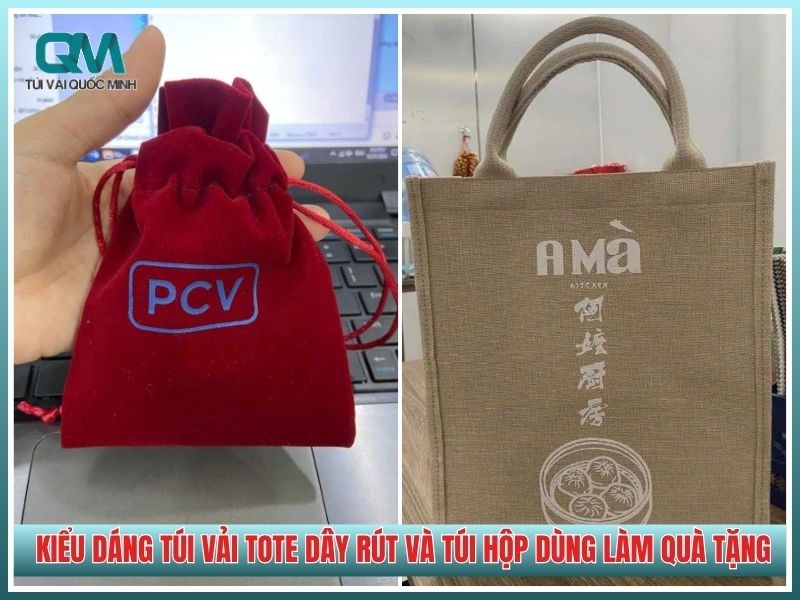 các kiểu dáng túi vải tote dây rút và túi hộp dùng làm quà tặng doanh nghiệp