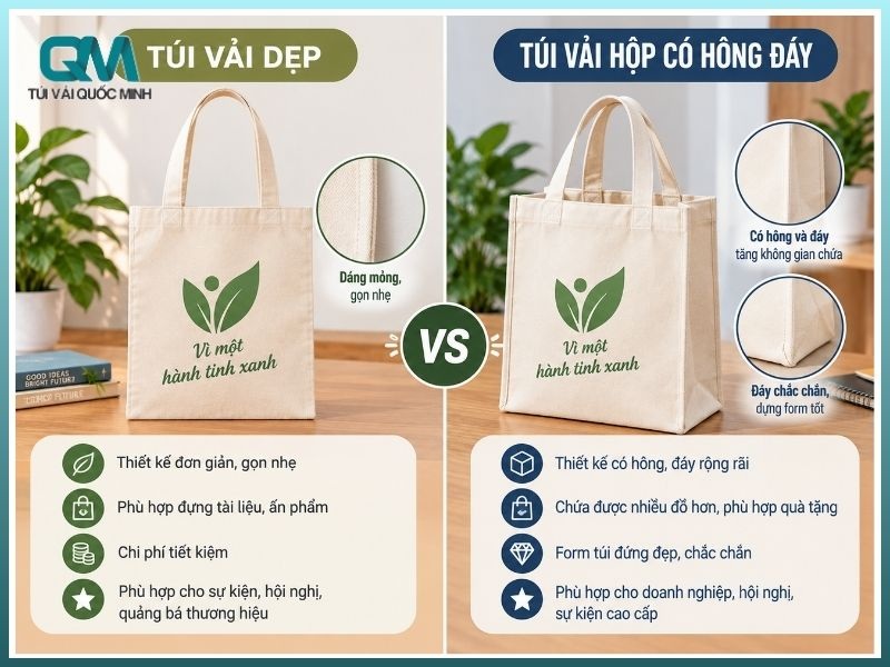 so sánh kiểu dáng túi vải dẹp và túi vải hộp có hông đáy