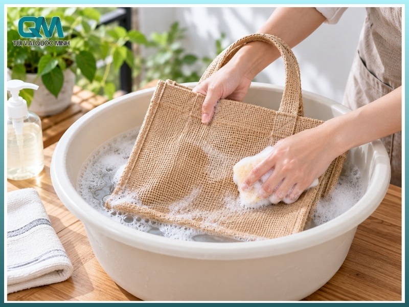 giặt tay túi vải đay bằng nước mát và xà phòng nhẹ