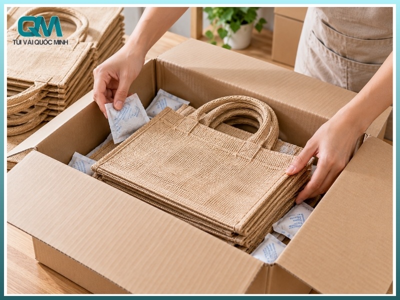 xếp túi vải đay trong hộp carton có gói hút ẩm để bảo quản