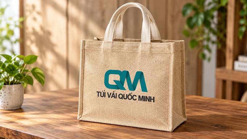 Túi vải đay in logo thương hiệu trên nền gỗ tự nhiên