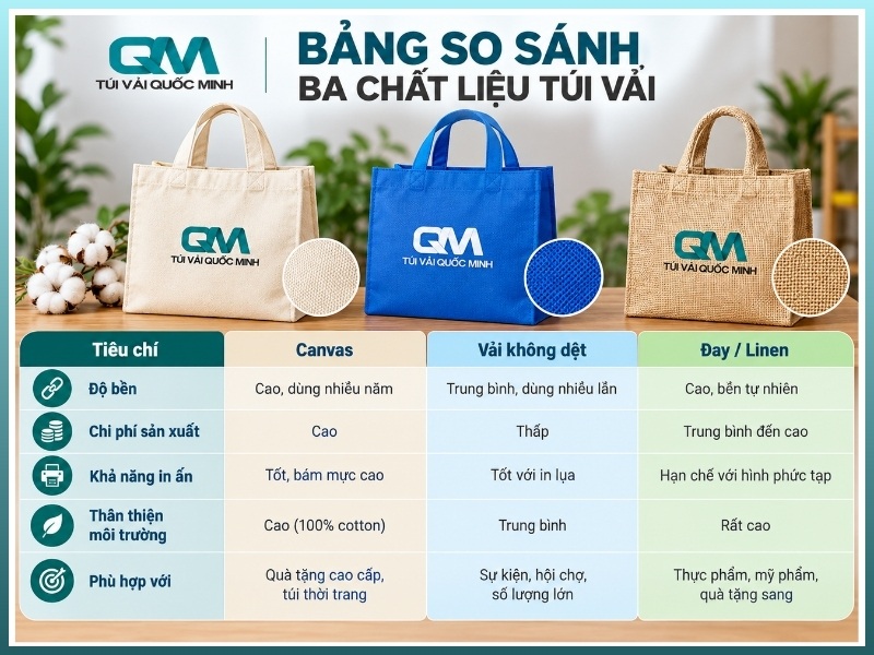 so sánh ba chất liệu túi vải canvas vải không dệt và đay phổ biến
