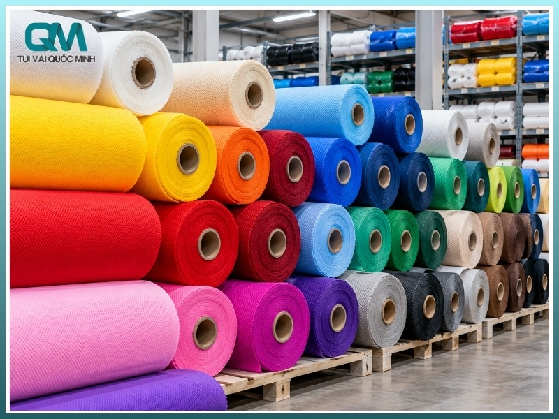 các cuộn vải không dệt nhiều màu sắc xếp tại xưởng sản xuất