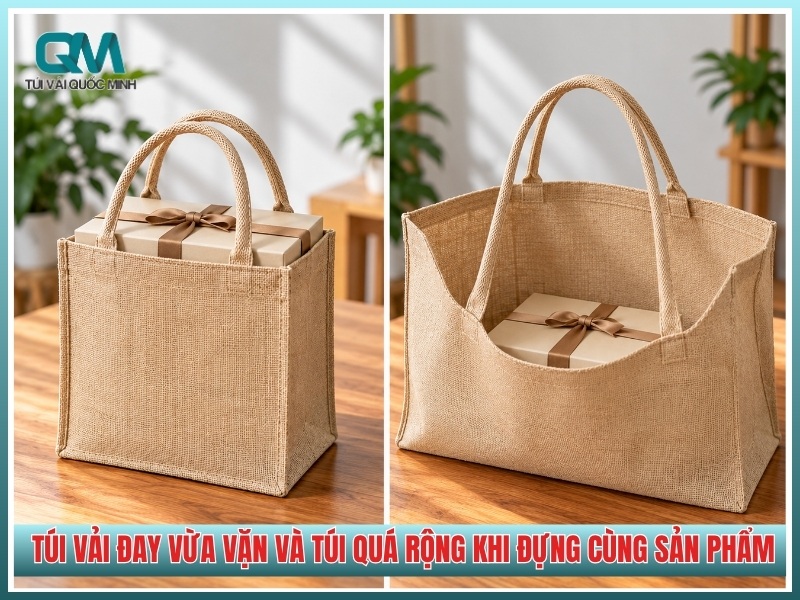 so sánh túi vải đay vừa vặn và túi quá rộng khi đựng cùng sản phẩm