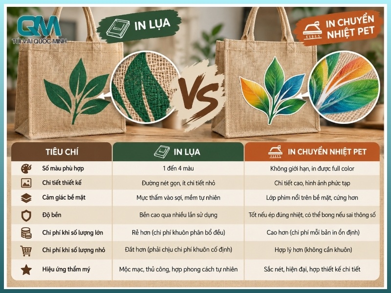bảng so sánh kết quả in lụa và in chuyển nhiệt trên túi vải đay