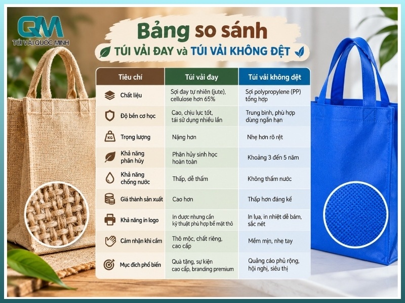 Bảng so sánh túi vải đay và túi vải không dệt 