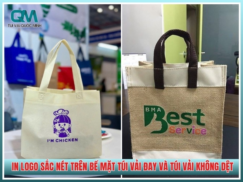 mẫu in logo sắc nét trên bề mặt túi vải đay và túi vải không dệt
