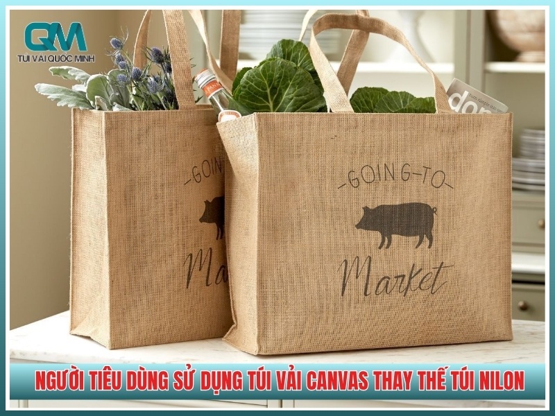 người tiêu dùng sử dụng túi vải canvas để mua sắm thay thế túi nilon